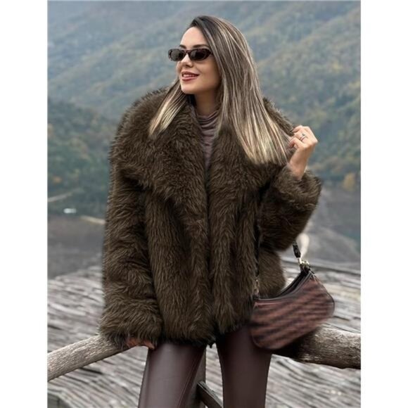 Womens Faux Fur Coat Lapel Open Front Fluffy Shaggy Jacket Darkbrown - Picture 3 of 6